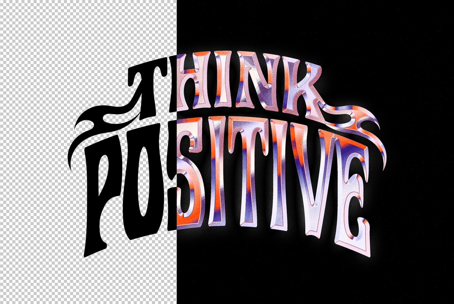 Bold retro typography design with the phrase Think Positive in contrasting colors on transparent and black background; ideal for graphics or templates.