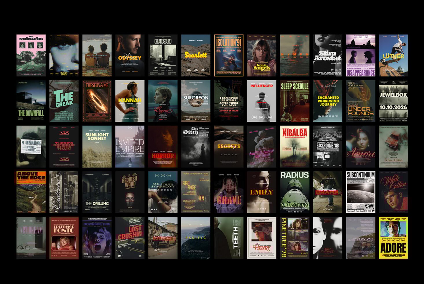 A diverse collection of 56 film poster designs on a black background, showcasing various themes for designers. Keywords: poster mockups, film graphics, templates.