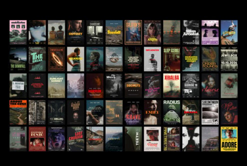 Large grid of 60 film poster designs in various styles, colors, typography treatments