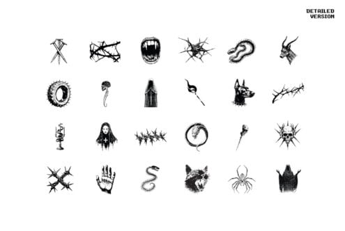 Gothic vector graphics set featuring dark symbols like skull, thorns, snake and wolf. Perfect for designers seeking eerie, detailed illustrations.