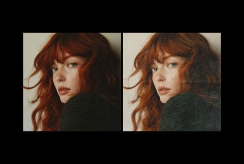 Side-by-side portrait of a red-haired woman with freckles wearing a dark sweater. Use this high-resolution image for graphics and template projects.