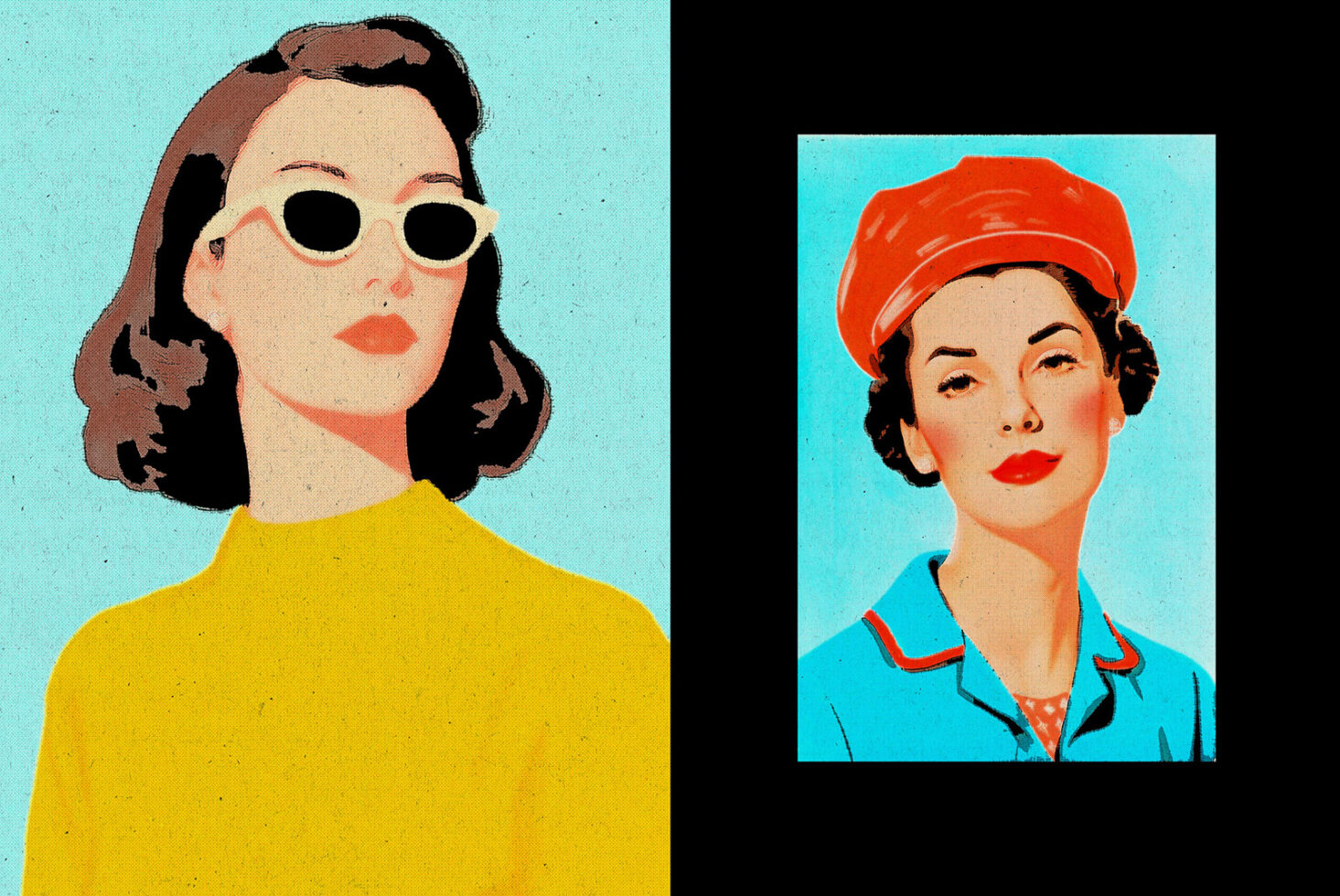 Two retro style portraits, woman in yellow with round glasses, worker in red beret on cyan
