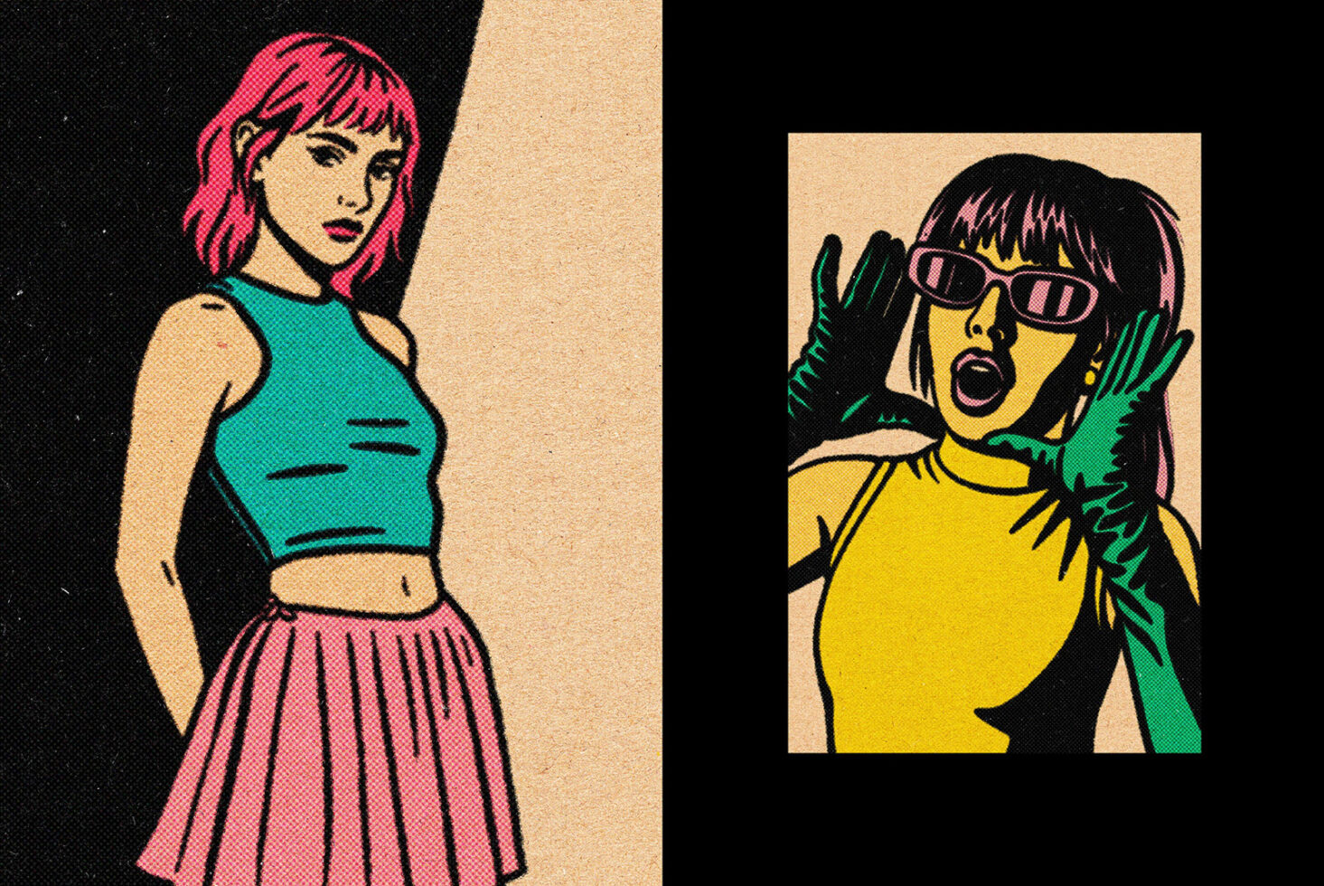 Two portraits of people with colored hair, one calm one energetic with sunglasses