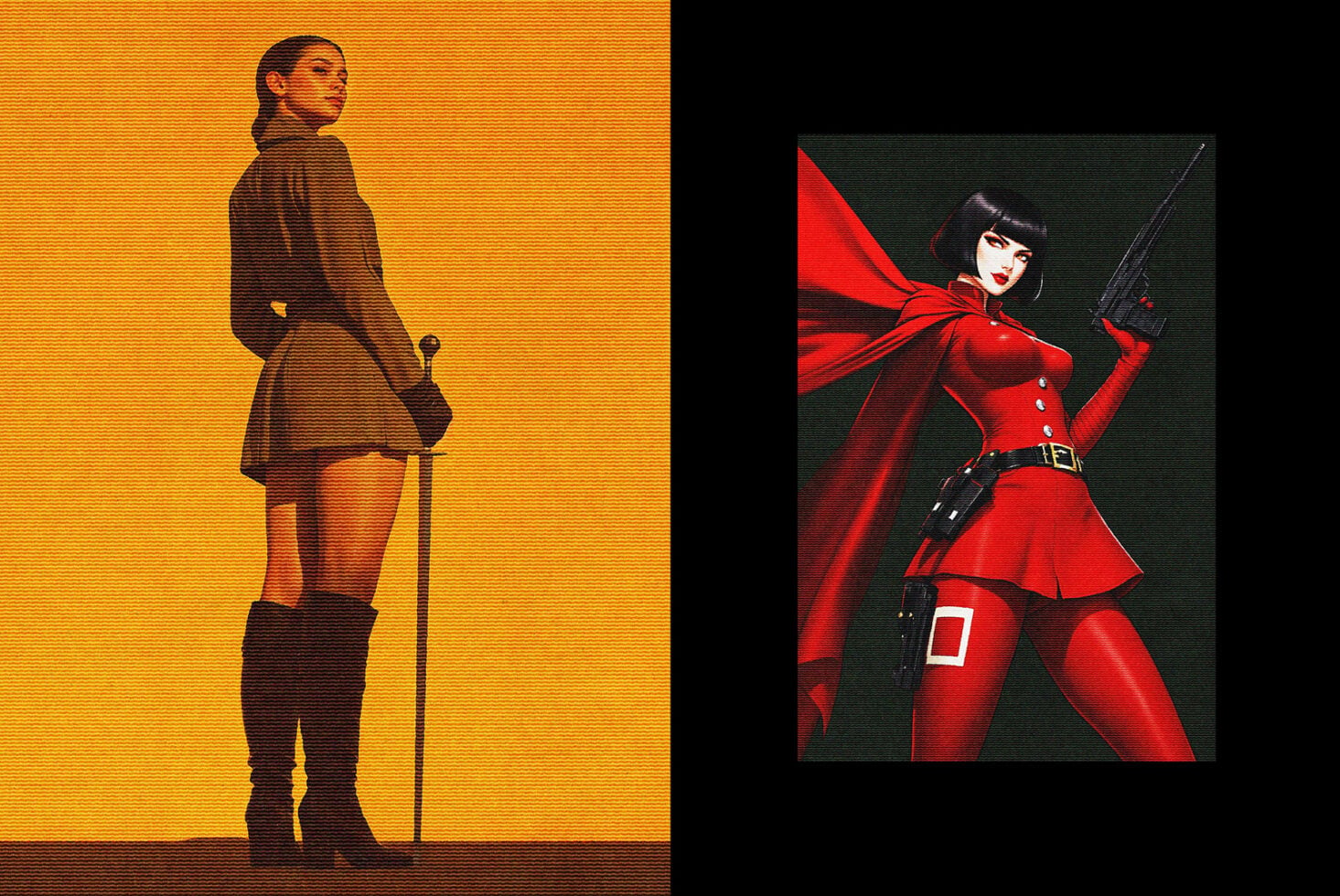 Woman in brown jacket on golden background, silhouette figure with sword on right