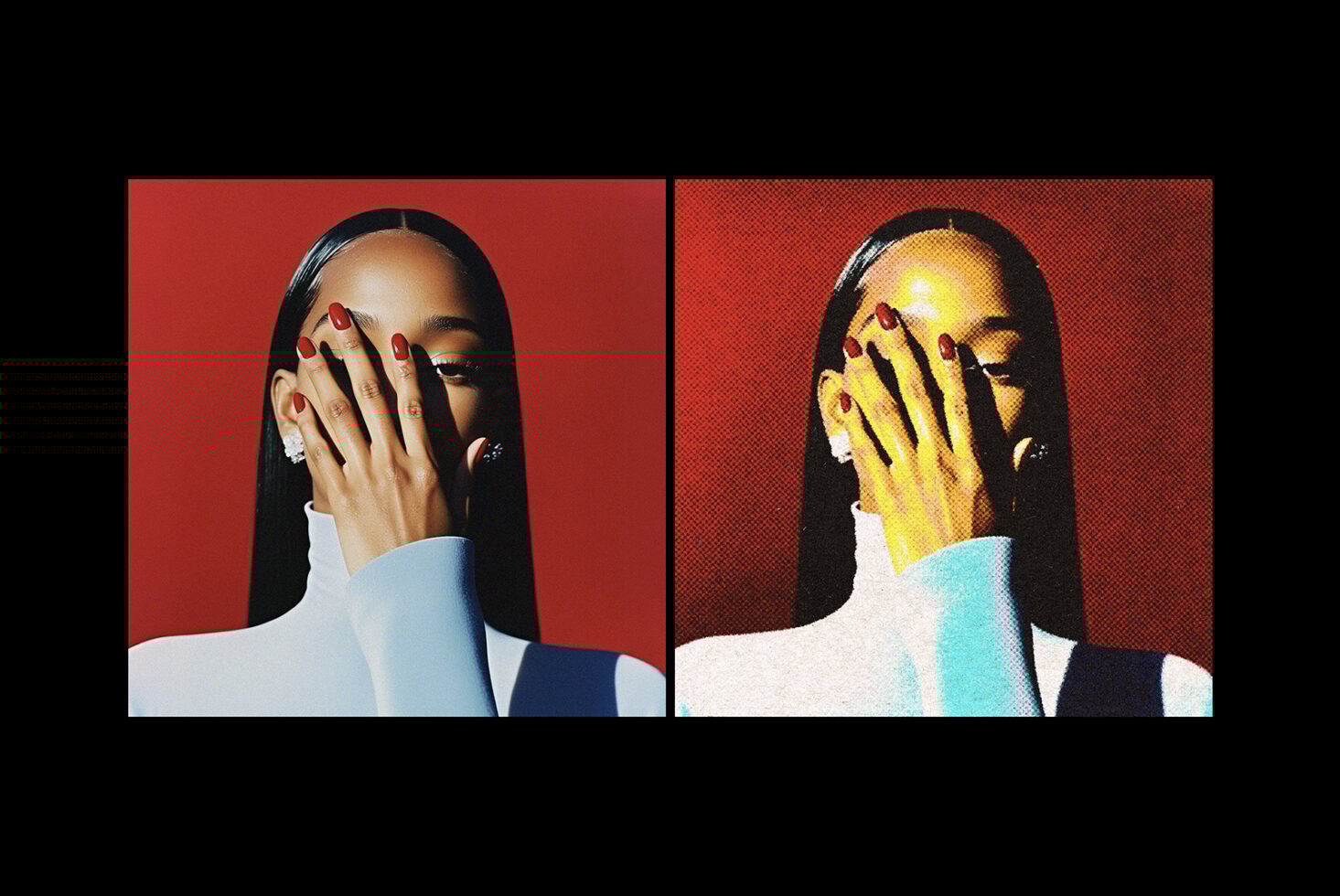 Two digital portraits of a woman covering her face with her hand. One in smooth style the other in halftone effect. Perfect for graphic design inspiration.