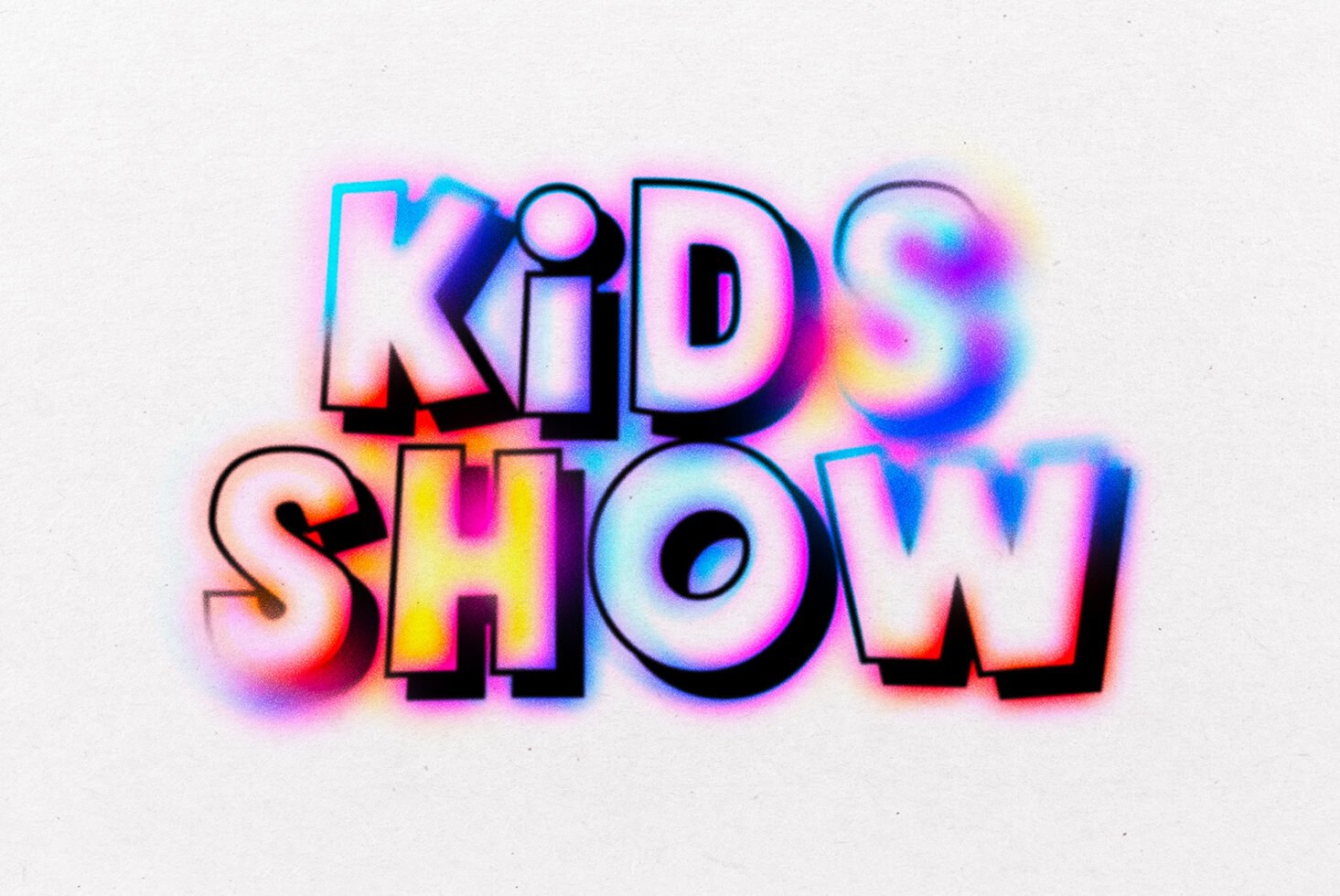 Colorful 3D text graphic saying Kids Show with a neon glow for logo design. Perfect for graphic designers and illustrators. Fun playful style.