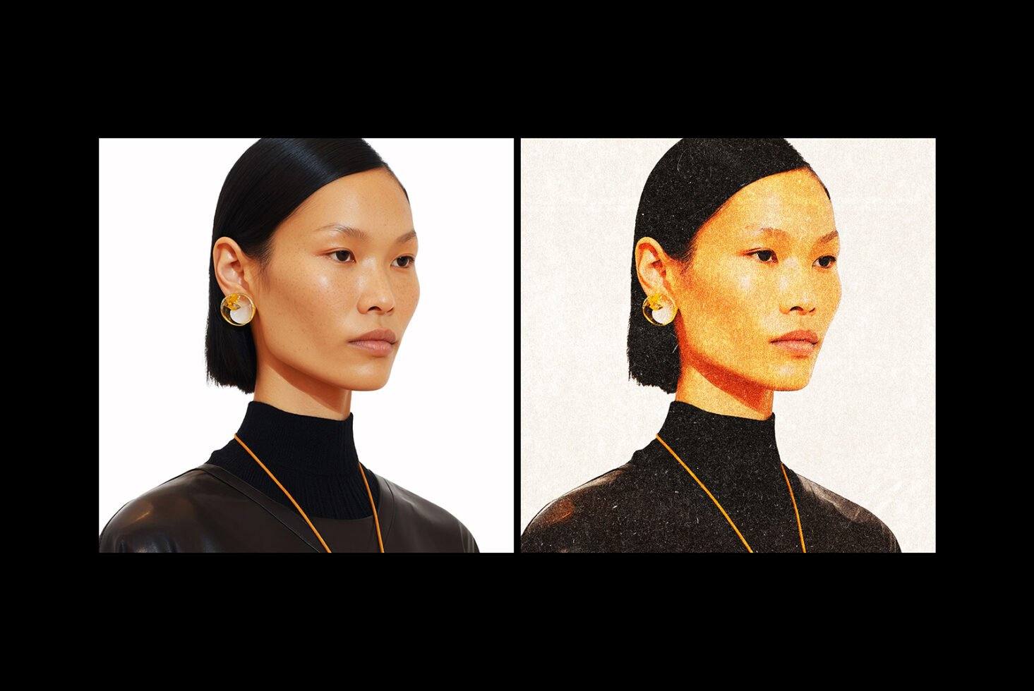 Portrait of a woman with earrings in a split image, showing a realistic photo and a textured illustration. Fashion, design, mockup, dual style.