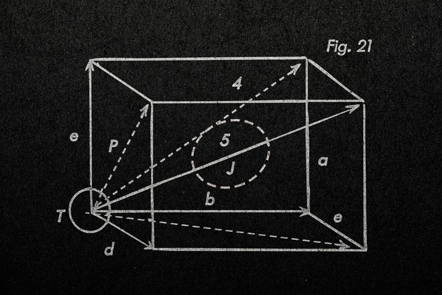 Technical perspective drawing labeled fig 21 with dimensional lines, points, circles on black