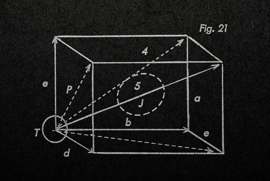 Technical perspective drawing labeled fig 21 with dimensional lines, points, circles on black