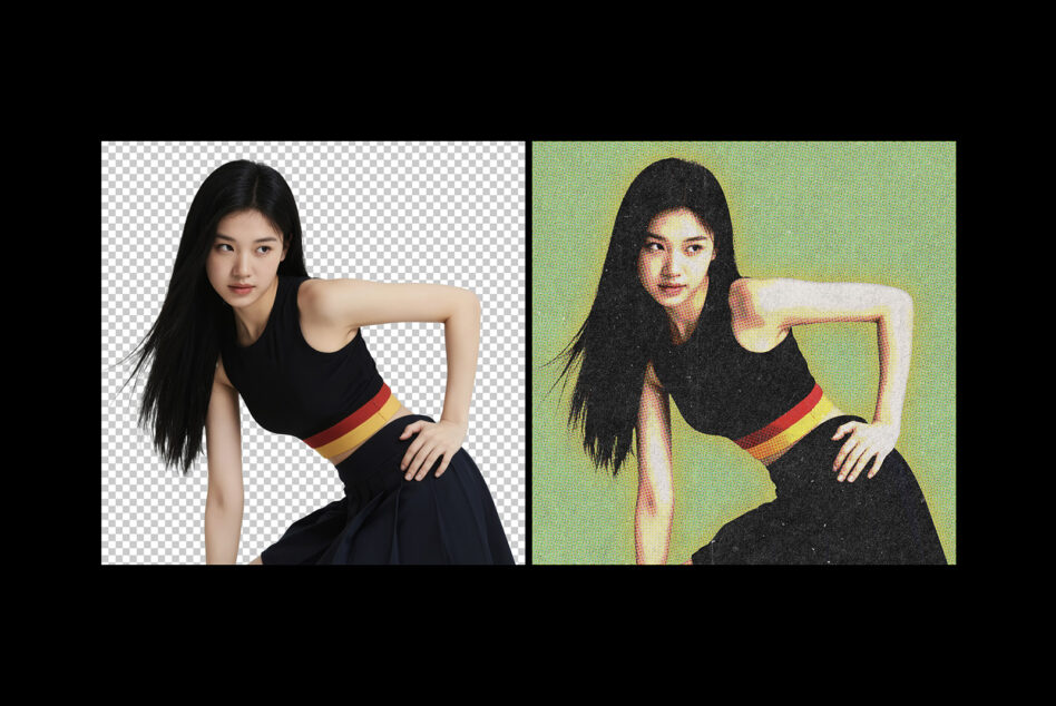 Before after comparison of woman in black crop top, left side clean background right side green halftone effect