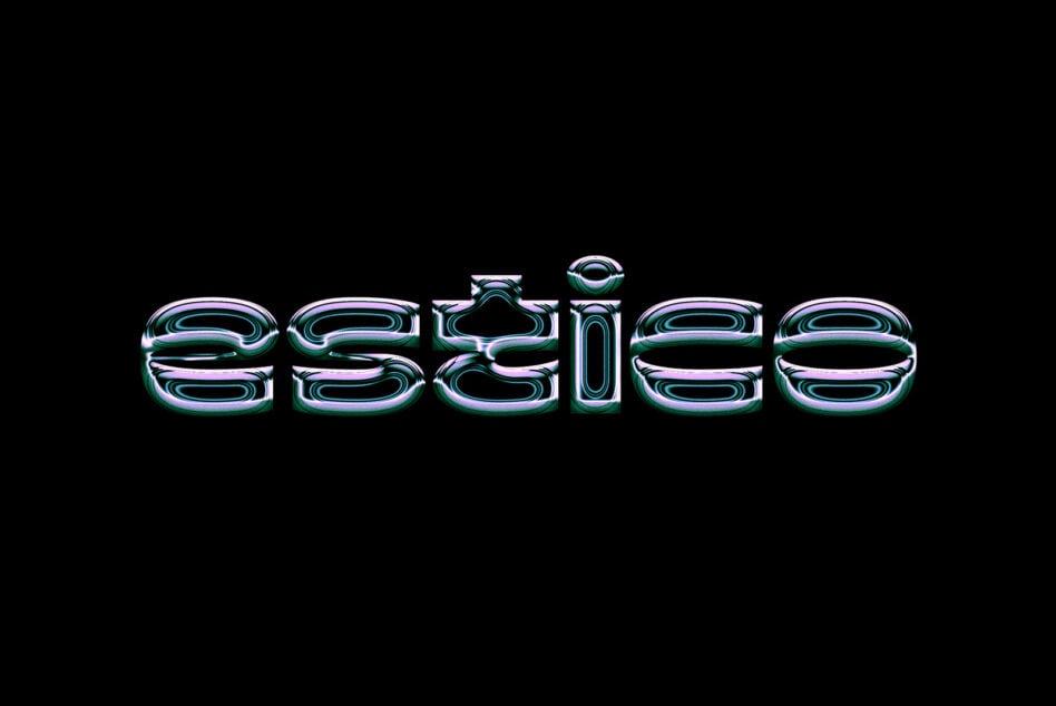 Glossy chrome text effect with cyan to magenta iridescent shine on black