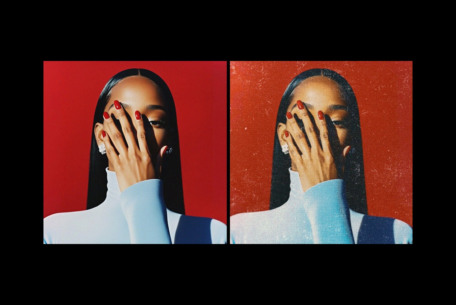 Fashion mockup featuring woman with hand covering face against red background, showcasing digital and vintage art styles for creative graphic design projects.
