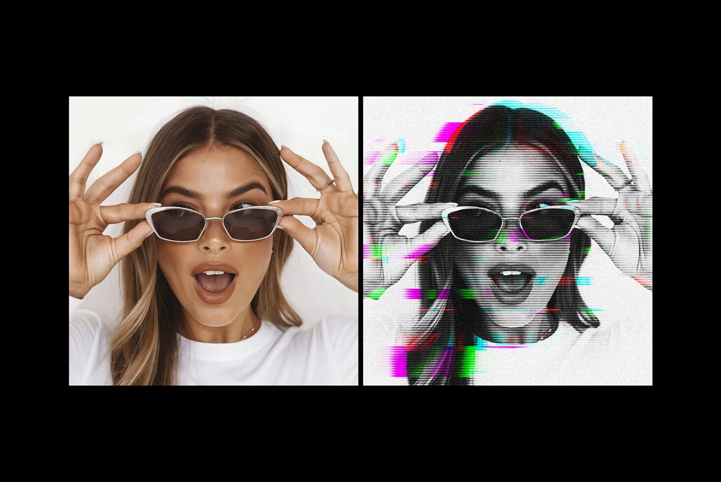 Split screen before-after glitch effect, woman in sunglasses with scanline distortion