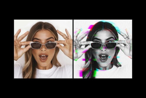 Dual portrait image featuring a woman with sunglasses in vibrant and glitch art style, perfect for graphics, mockups, and design projects.