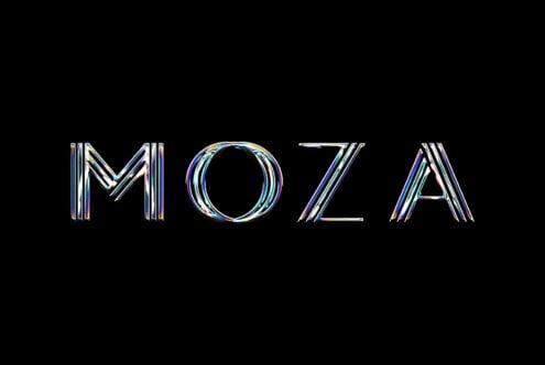 Chromatic neon outlined MOZA text with striped glitch effect on black