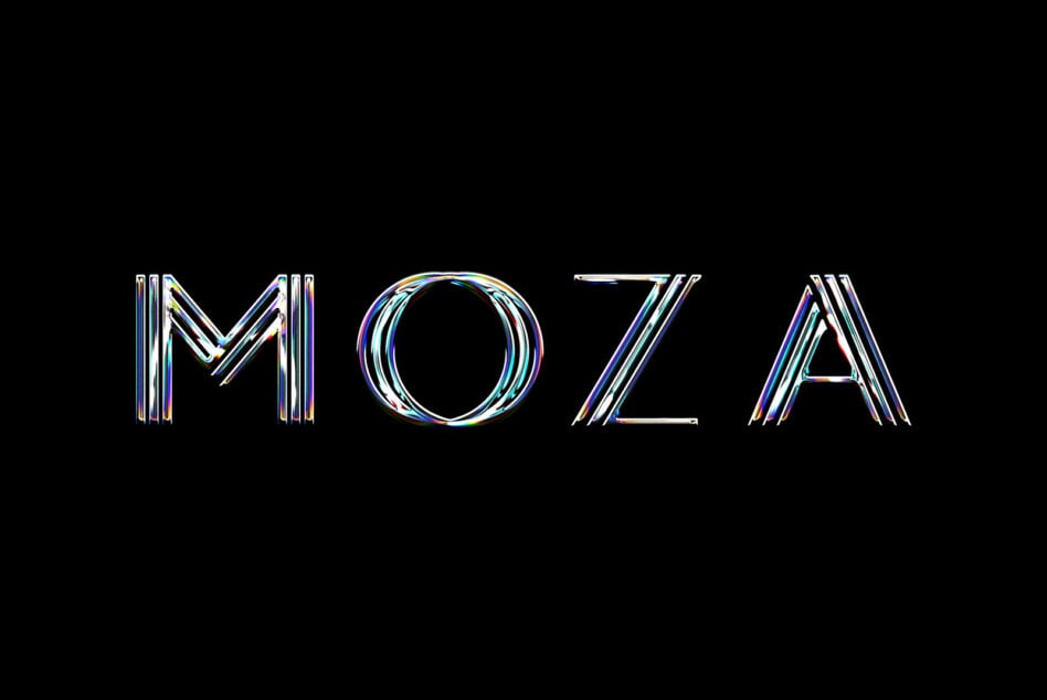 Chromatic neon outlined MOZA text with striped glitch effect on black