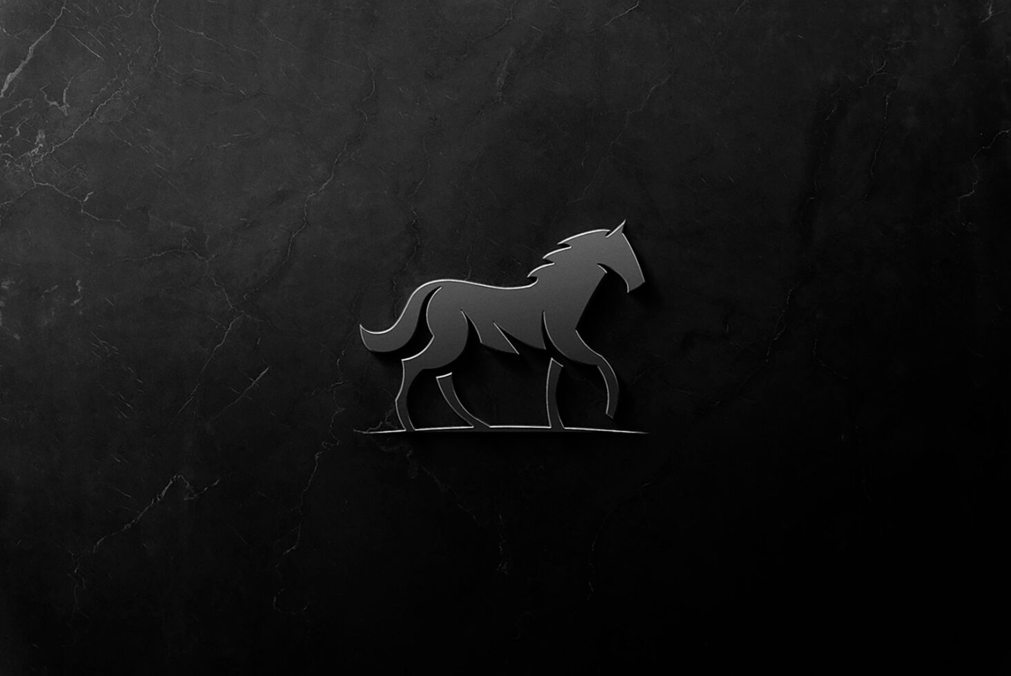 3D horse silhouette logo on textured black background digital mockup graphic assets for designers branding templates minimalistic SEO visual content
