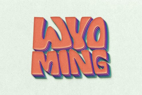 Layered retro text design reading Wyoming in orange font with blue purple outlines on textured green background suitable for graphic design projects.