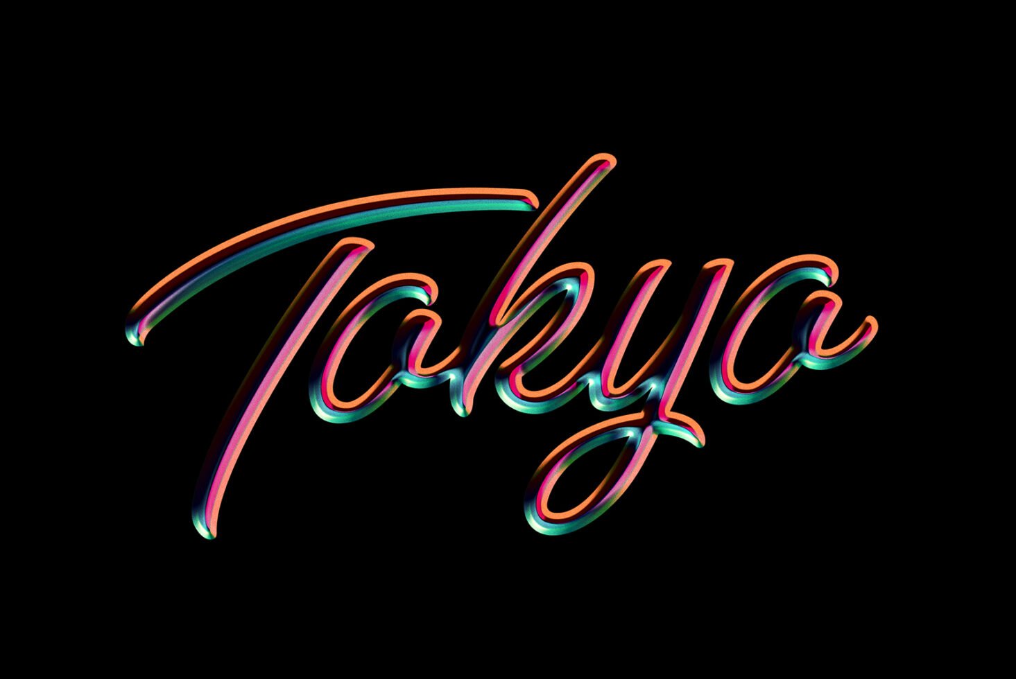 3D retro text design reading Tokyo with vibrant neon gradients on black background suitable for digital graphics templates or typography projects.
