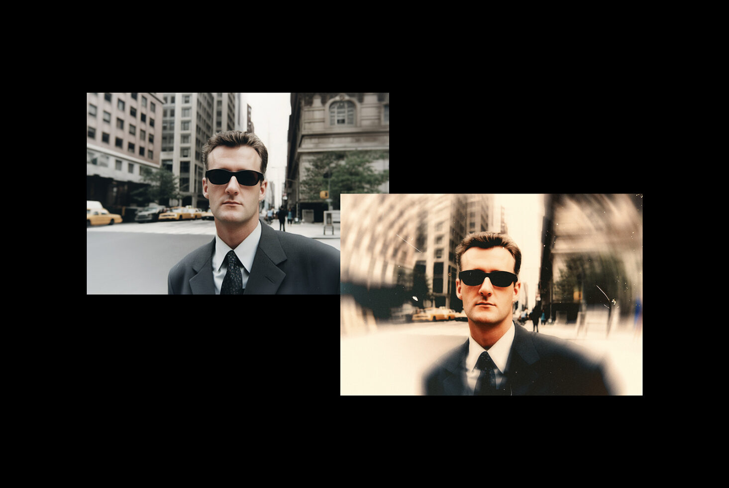 Two images of a man in a suit with sunglasses in a cityscape. Ideal for mockups, design templates, or artistic graphics. Retro and modern style.