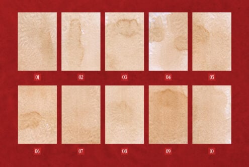 Set of 10 vintage paper textures with coffee stains on red background for digital designers. Ideal for mockups, graphic design, and templates.