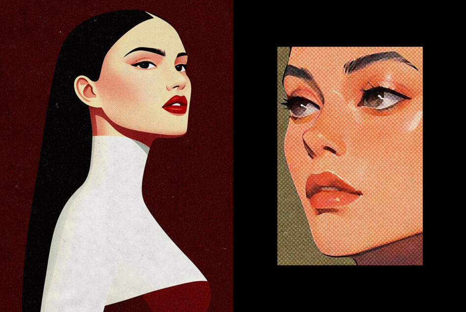 Left side smooth vector portrait woman with dark hair on burgundy, right side halftone closeup face with pop art vibes