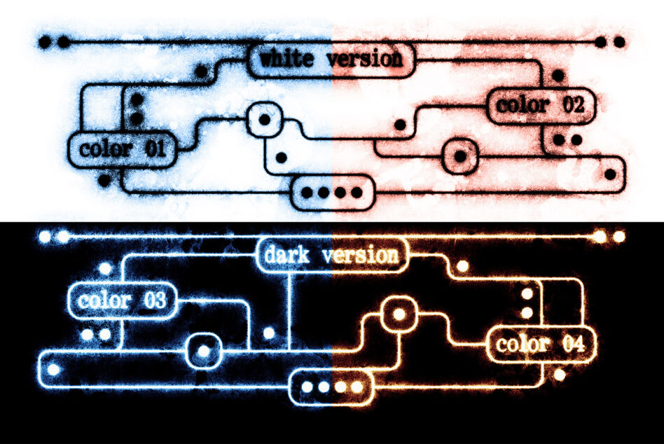 Neon circuit diagram mockup with blue light version over dark version