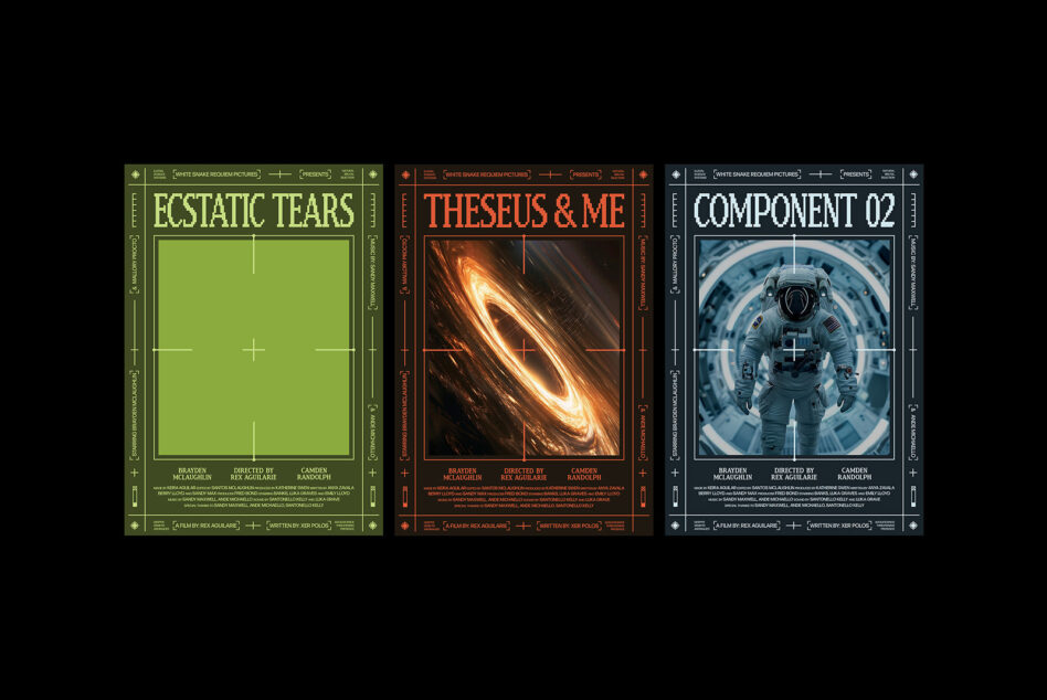 Three retro-styled sci-fi film posters with neon frames lined up horizontally