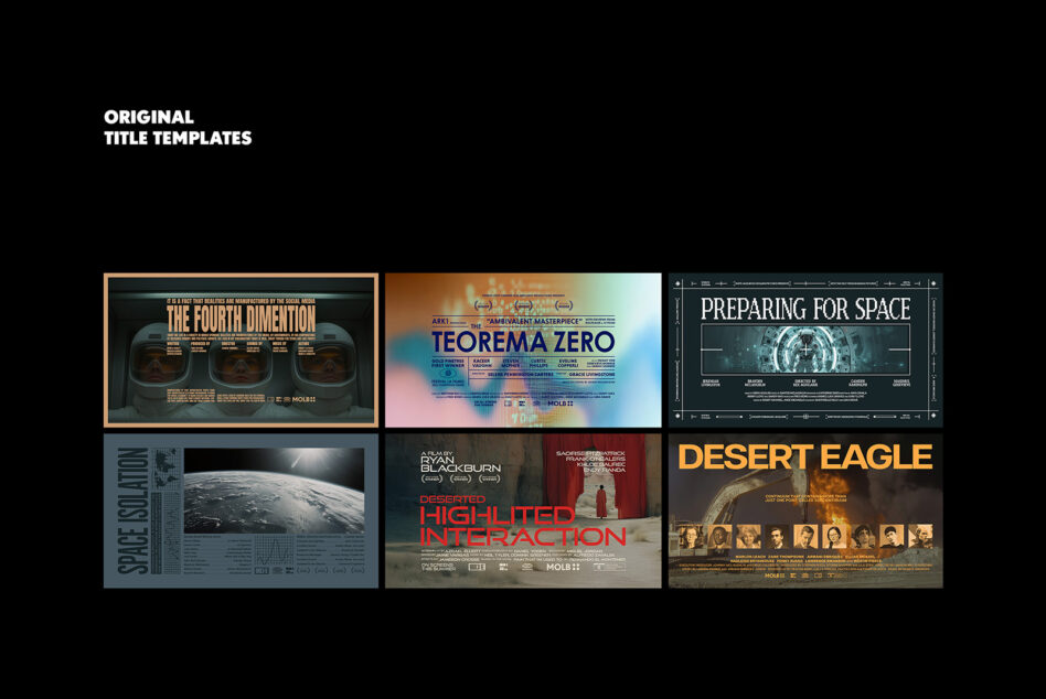 Grid layout of 6 editable sci-fi movie title templates with different themes, 4K PSD files
