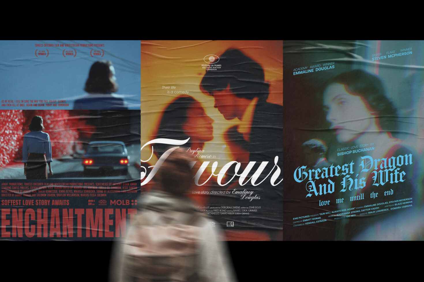 Film posters mockup featuring textured surfaces and vintage designs. Ideal for designers seeking realistic backgrounds for movie poster presentations.