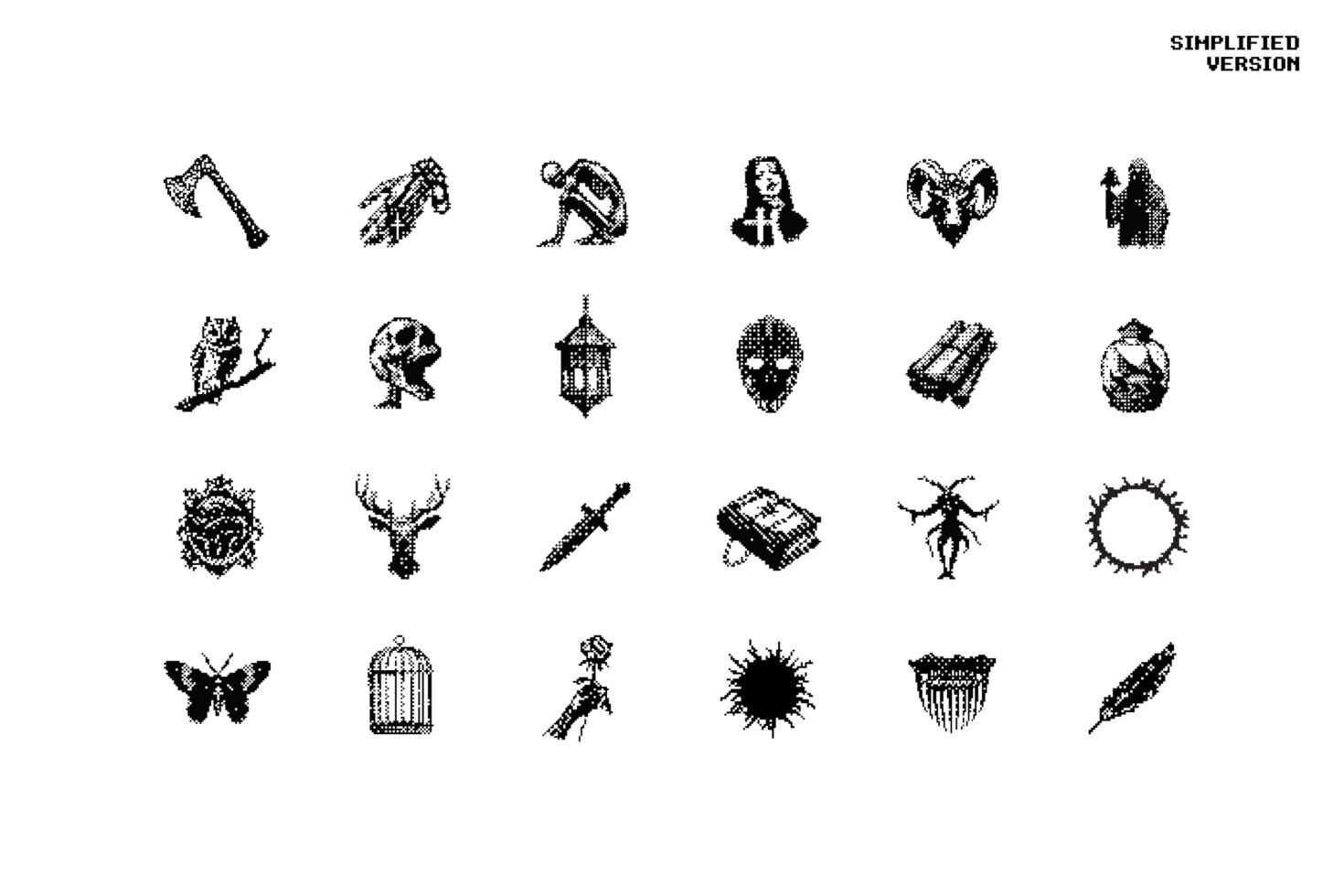 Assorted black and white graphics featuring skulls feathers, animals, and abstract shapes ideal for designers seeking unique digital assets and templates.