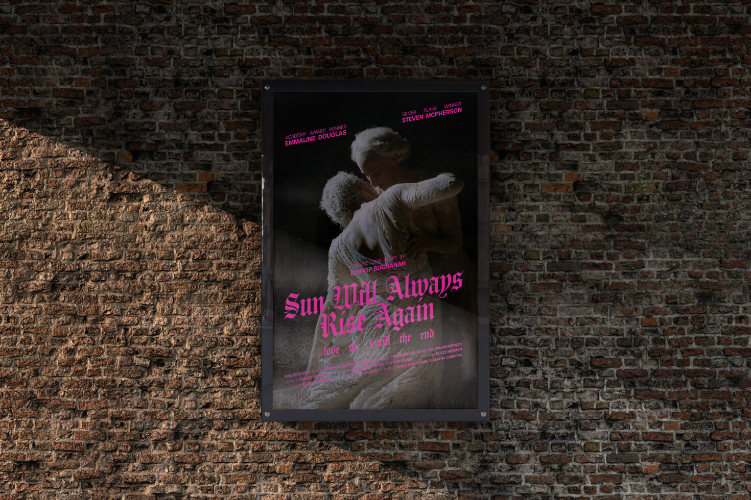 Vintage movie poster mockup on brick wall featuring dramatic typography and a couple in embrace, perfect for film-themed graphic design projects.