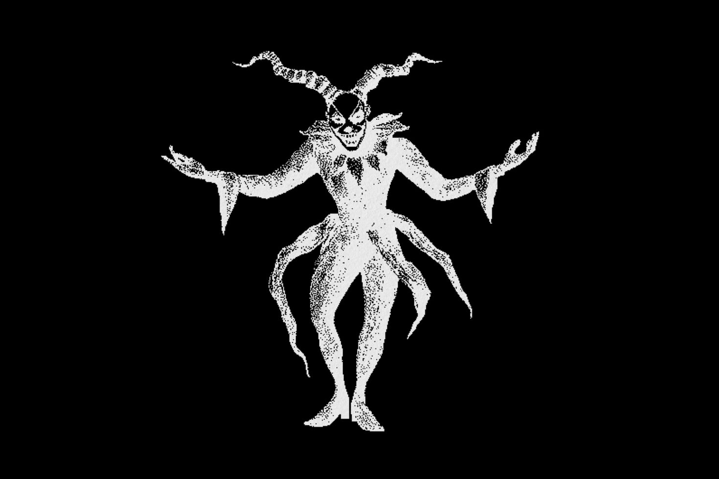 Monochrome jester illustration with intricate details and twisted horns on a black background suitable for Halloween-themed graphic designs and templates
