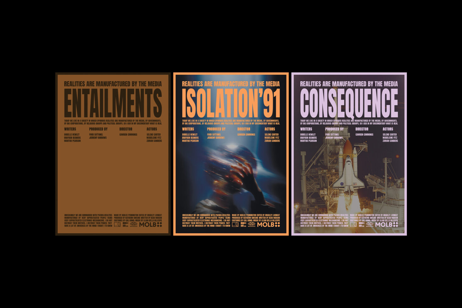 Three cinematic poster templates with bold typography for movies titled Entailments Isolation'91 and Consequence ideal for graphic design mockups.