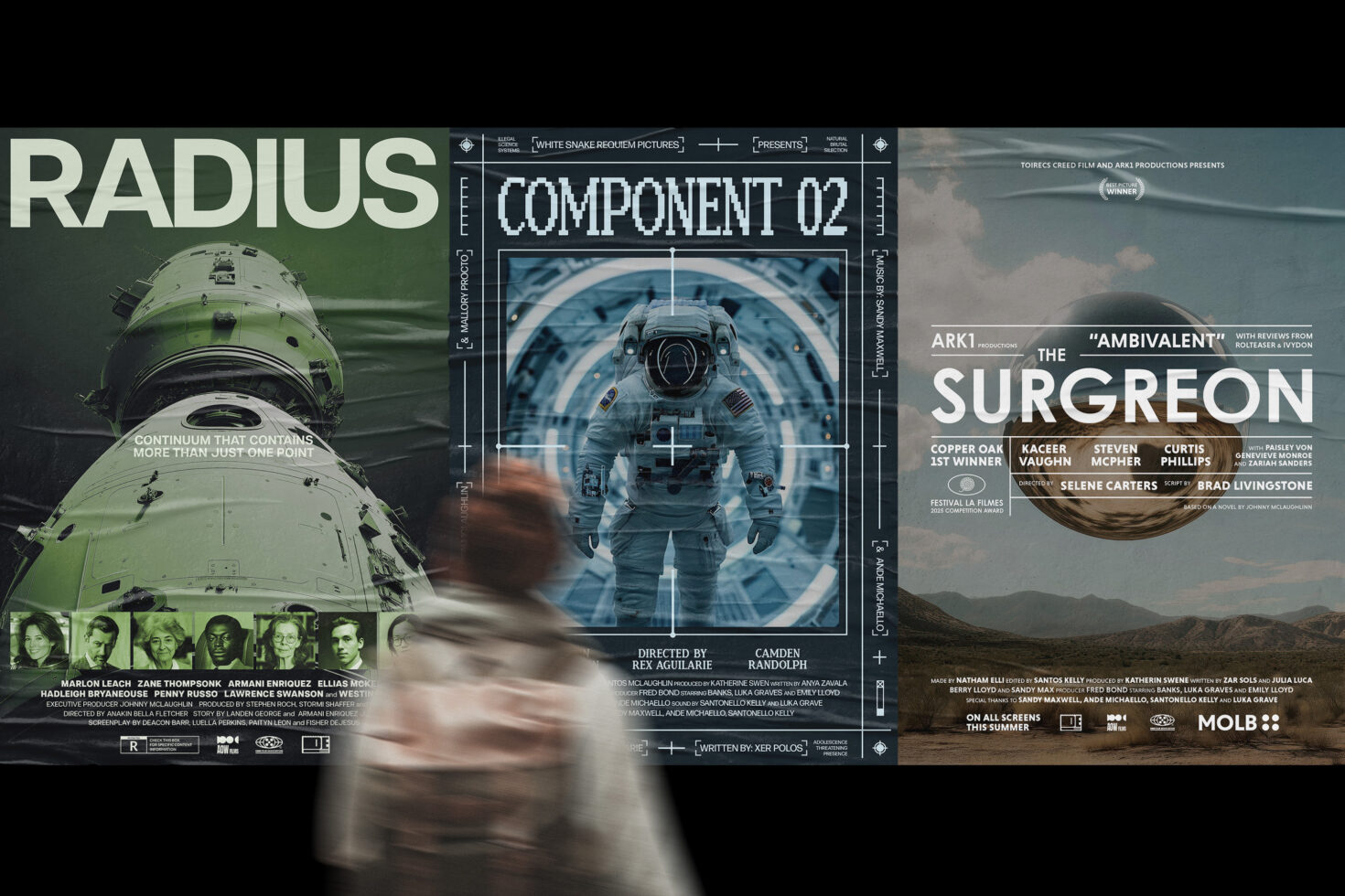 Posters of three sci-fi films; Radius, Component 02, The Surgeon; showcasing futuristic design, astronaut imagery, and cinematic themes. Perfect for designers.
