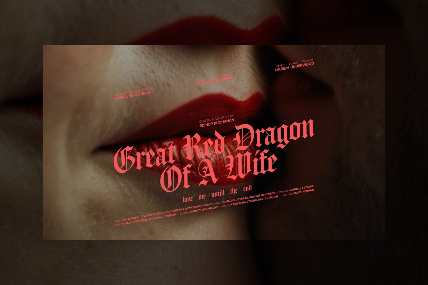 Close-up of two faces with red lips and bold gothic text overlay Great Red Dragon Of A Wife, ideal for designers looking for unique text graphics.