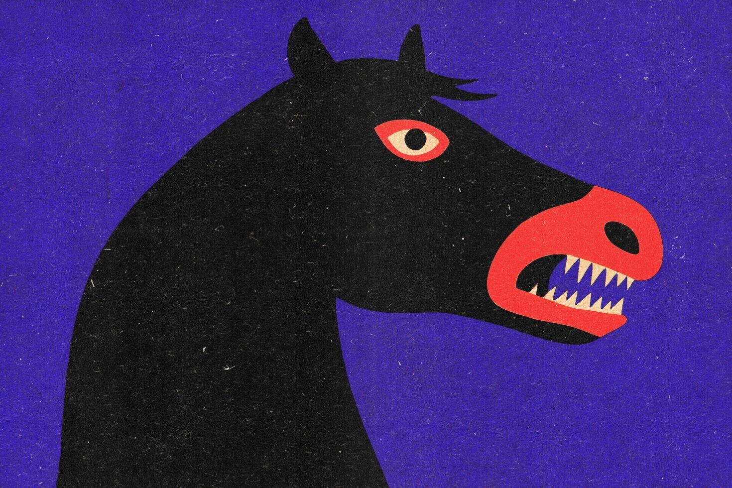 Bold abstract graphic of a horse head with sharp teeth, vivid colors, textured background, ideal for designers searching for unique digital assets illustrations.