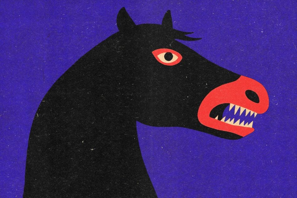 Dark mythical creature with red eye, glowing mouth teeth on vibrant purple starry backdrop
