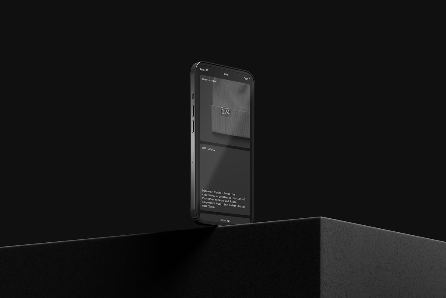Smartphone app mockup displaying ecommerce interface on a sleek black platform. Ideal for digital product designers and mockup presentations.