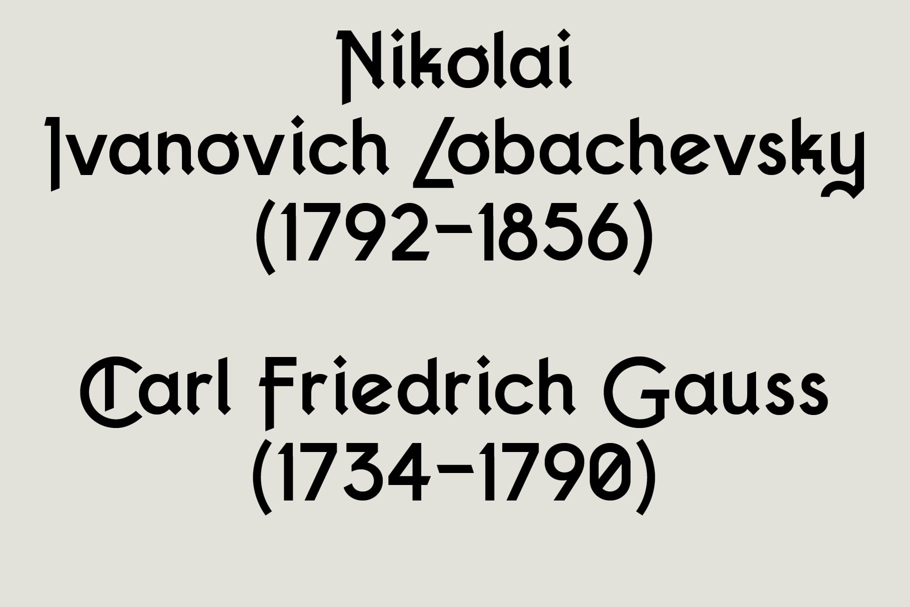 Historical names with dates for Nikolai Ivanovich Lobachevsky, Carl Friedrich Gauss