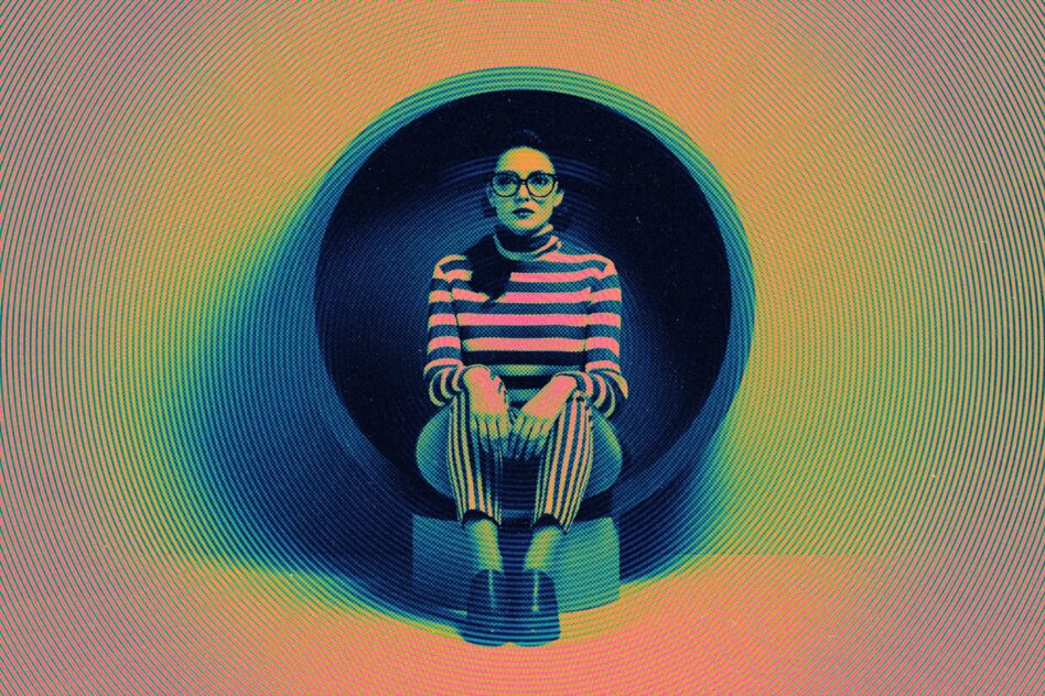 Person in striped shirt seated inside circular gradient halo with vibrant line texture