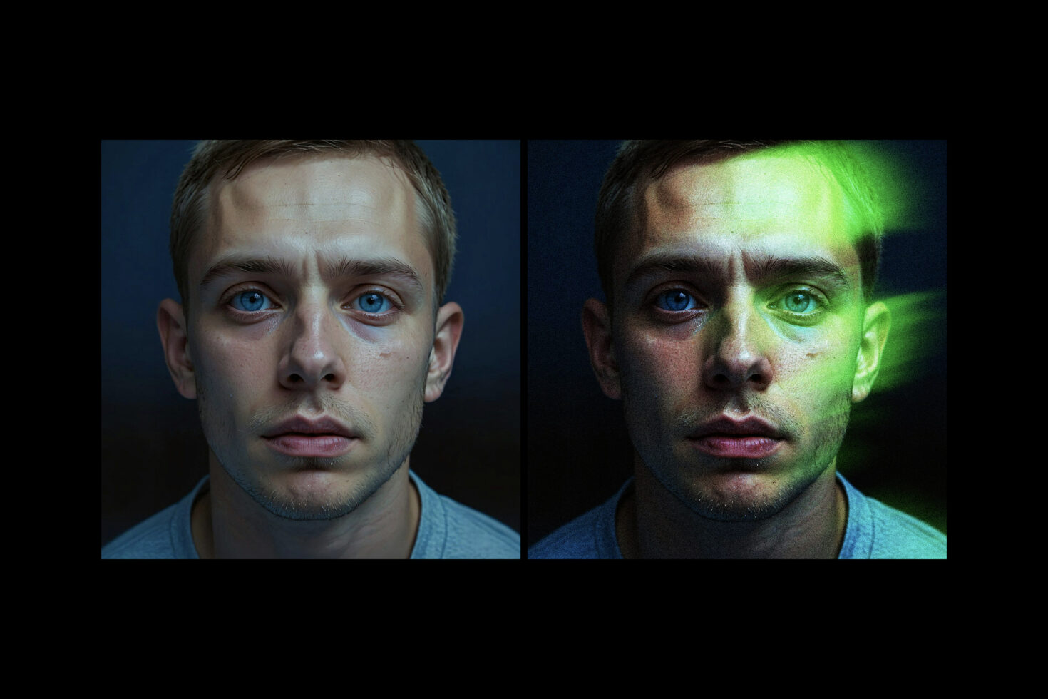 Before after portrait showing man with neon green glow effect applied to half face