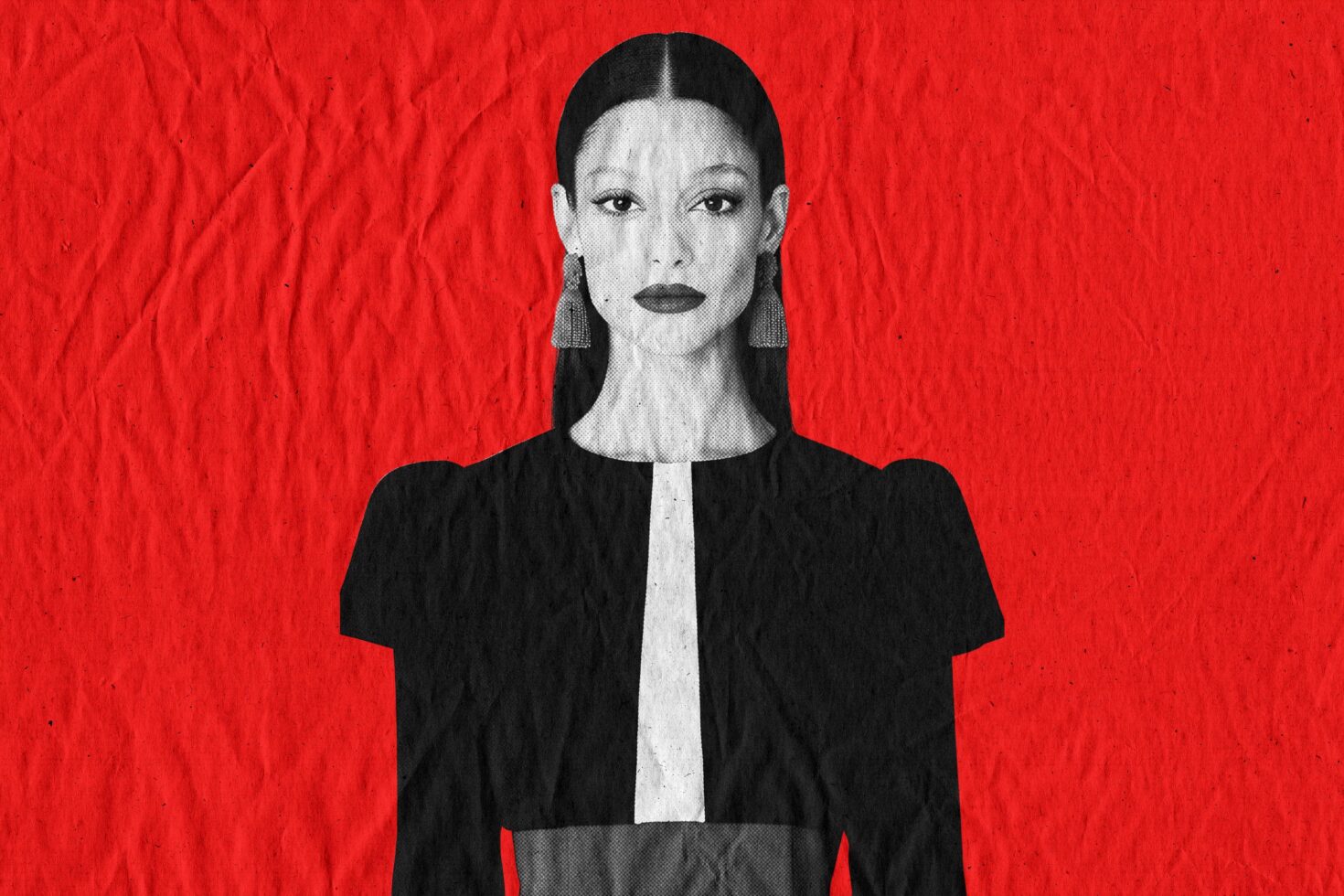 Bold fashion illustration of a woman with geometric design on a textured red background, ideal for graphic templates or artistic mockups, fashion graphic design.