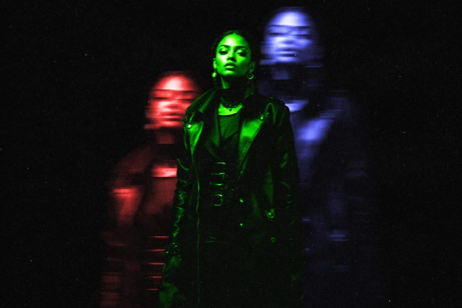 Vibrant digital art with a person in a leather jacket and RGB motion blur effect perfect for graphic design projects and creative template inspiration.