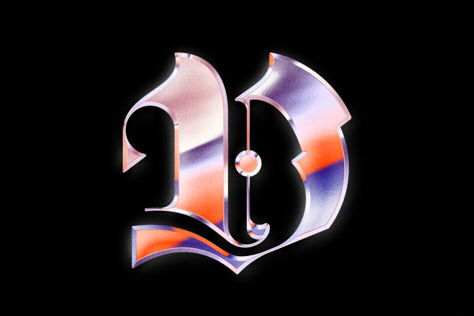 Neon glowing ampersand symbol with orange, pink purple gradient on black