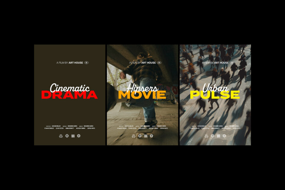 Six film posters grid layout with dramatic titles overlaid on cinematic photography backgrounds