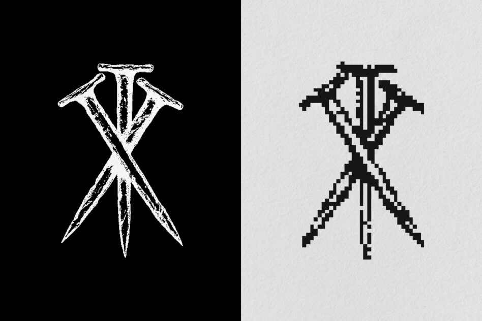 Occult symbol with radiating spikes in grungy vector, plus pixelated 8-bit version
