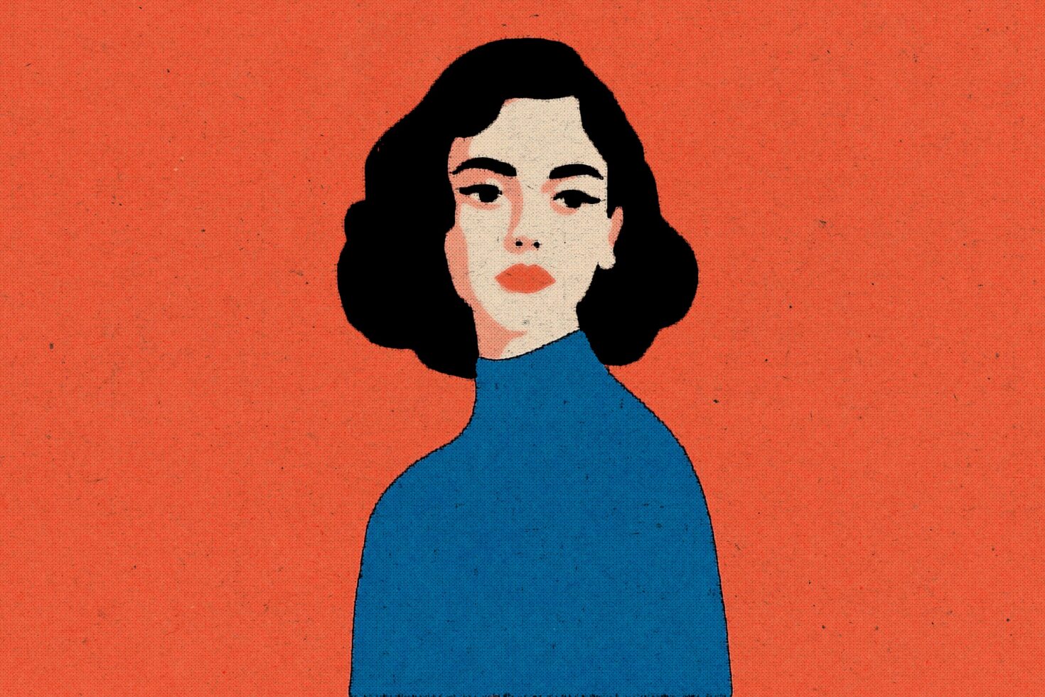Woman with wavy black hair in blue sweater against warm burnt orange background