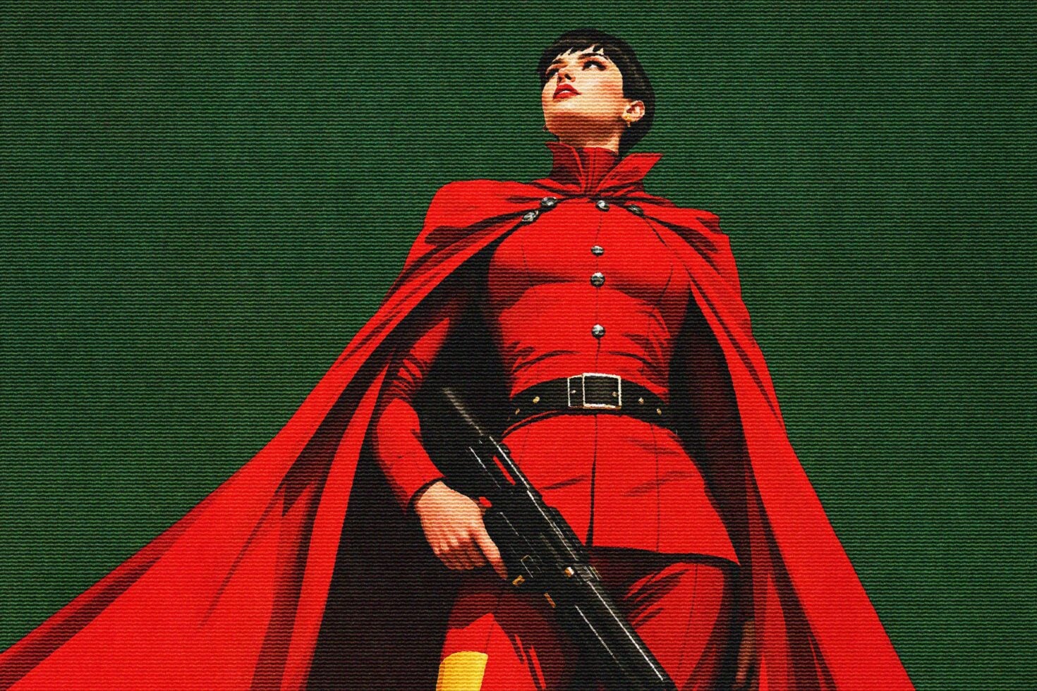 Figure in red outfit with flowing cape, scanline texture on teal green background