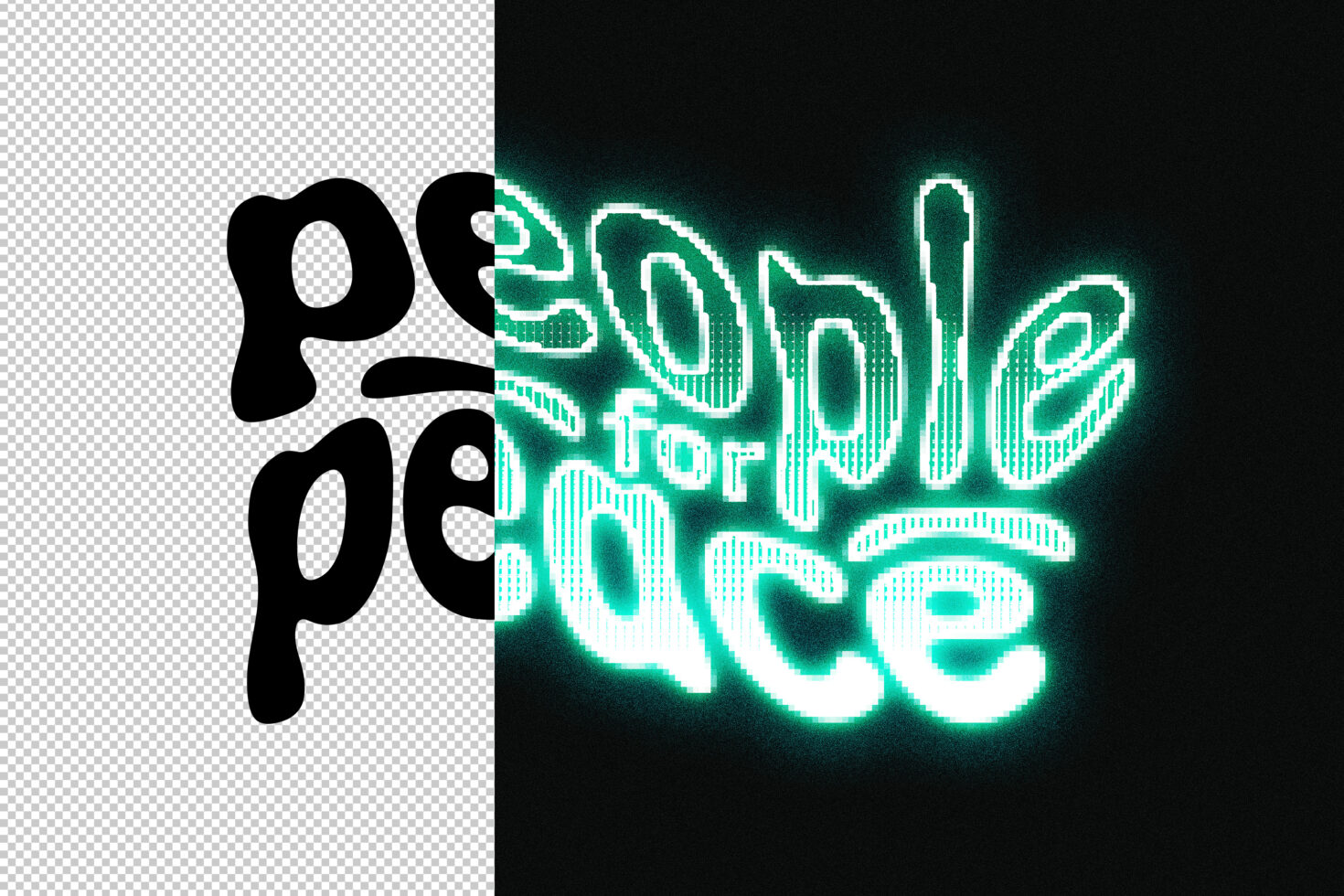 Split layout showing black wavy type on left, bright cyan neon text on right